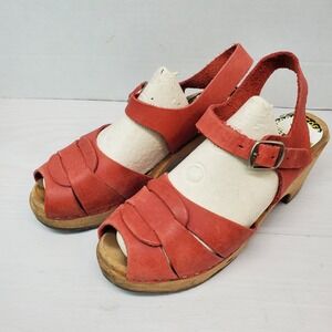 Swedish‎ Torpatoffeln Peep Toe Red Leather Heel Sandals 8.5US 39EU Cottage Core